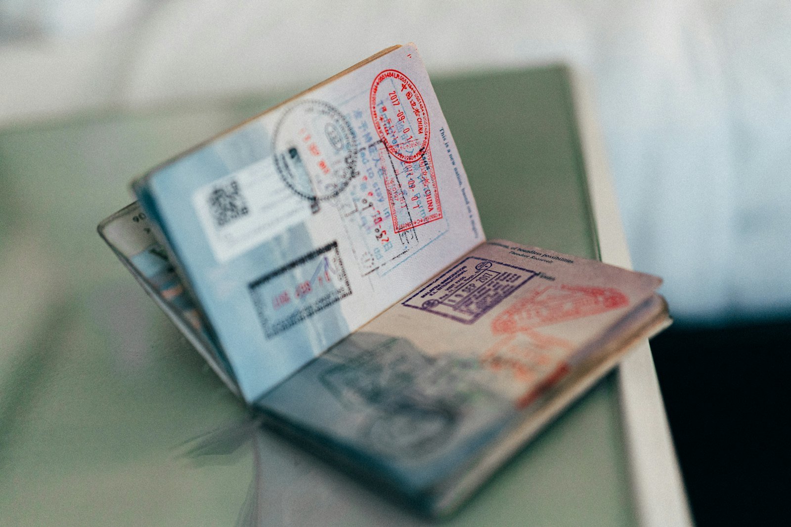 Open passport with visa and travel stamps